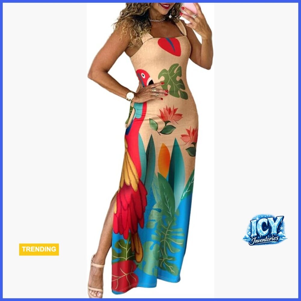 Summer Maxi Dress Casual Thick Strap Square Neck Boho Sundress with Pockets